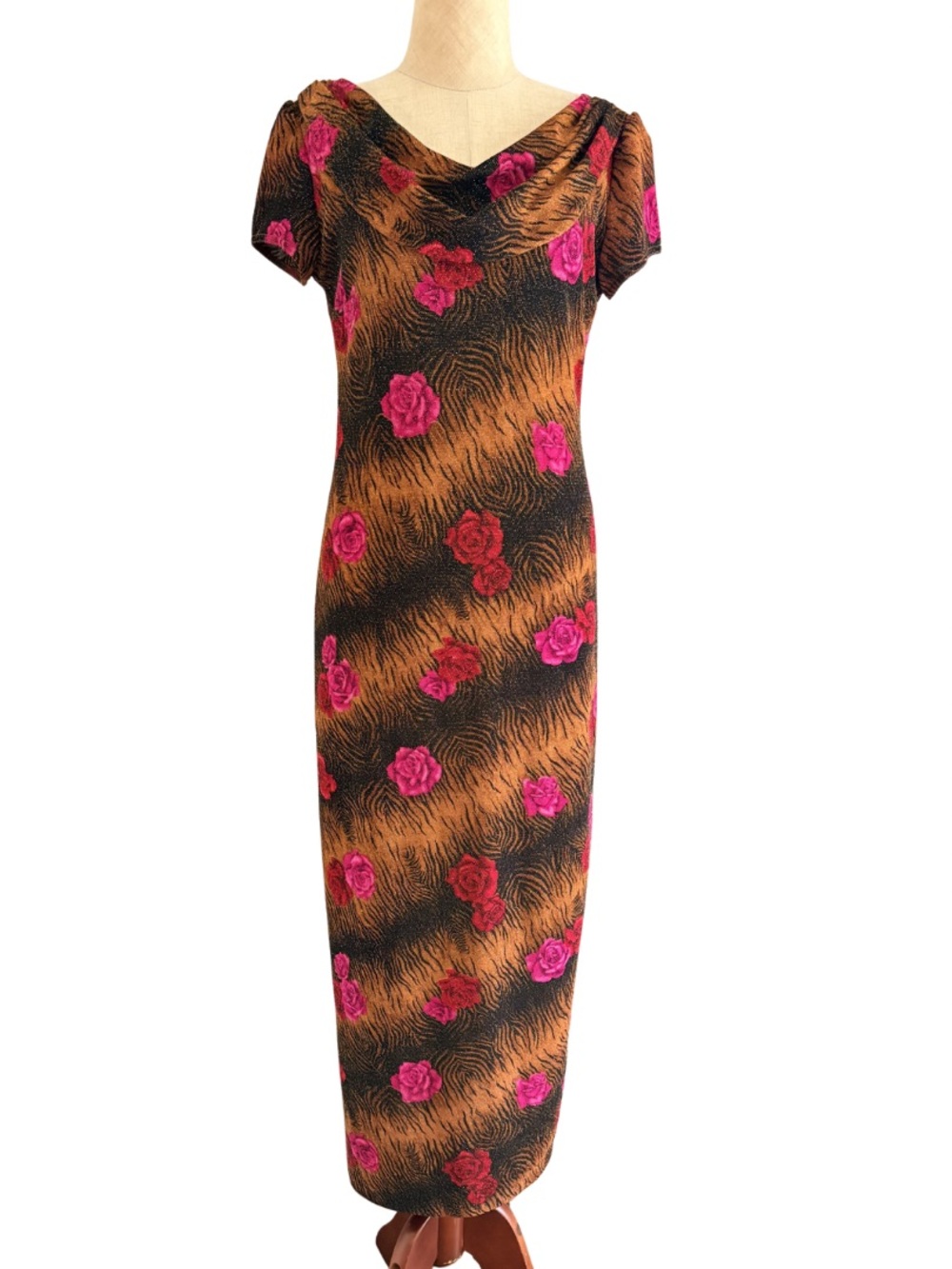 y2k Scarlett Black Brown Tiger Print Rose Pattern Maxi Dress Sparkly Cowl Neck